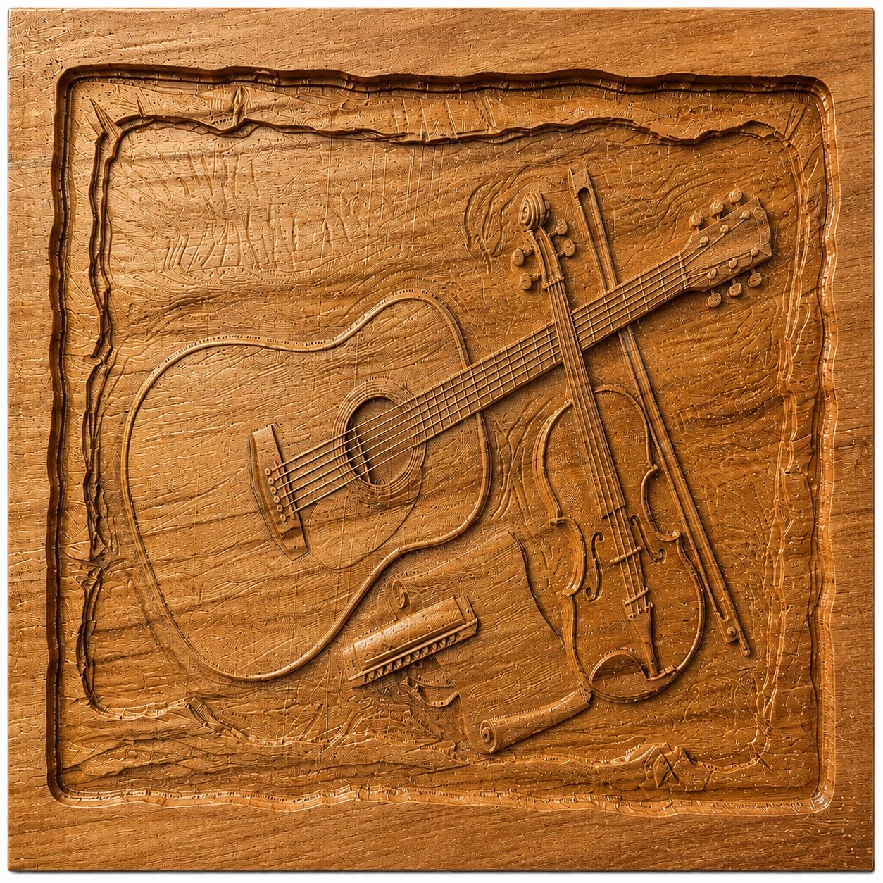 Guitar, fiddle, harmonica, and bow carved in warm wood