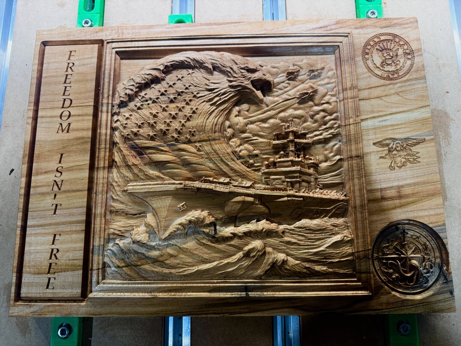Detailed United States Navy tribute with aircraft carrier, eagle, and emblems