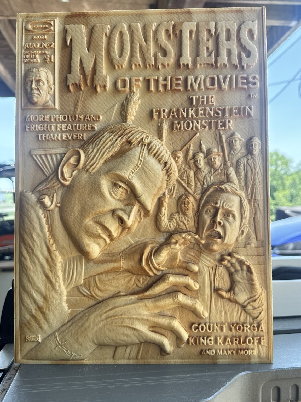 Highly detailed vintage Frankenstein magazine cover carved in wood