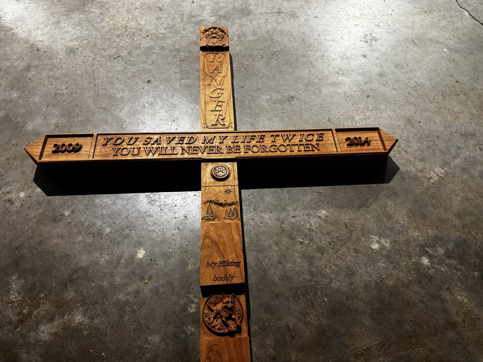 Large handcrafted wooden memorial cross for Ranger