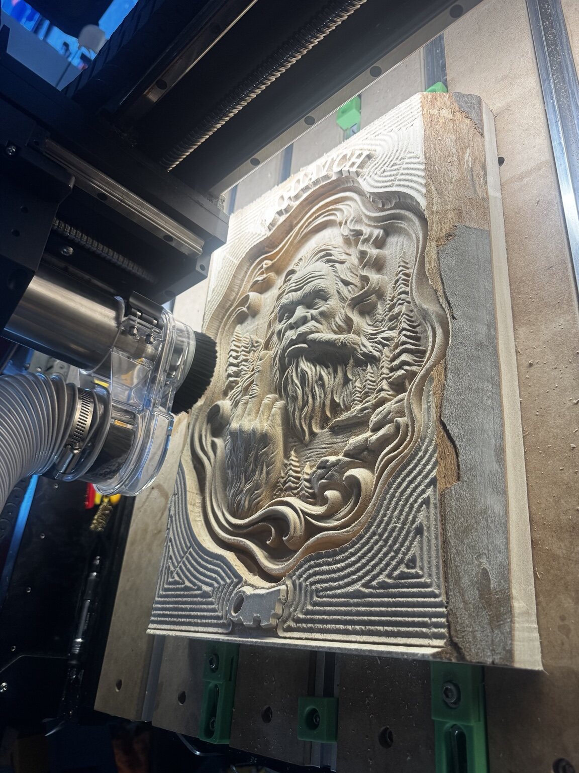 Fine detail pass on a Bigfoot relief carving