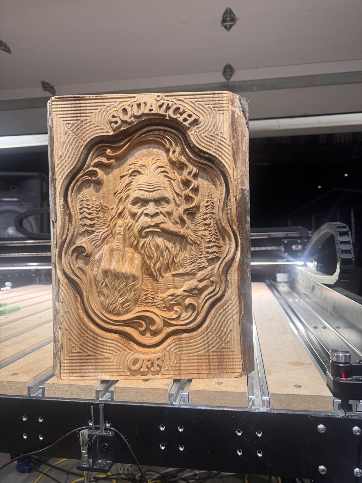 Humorous Squatch Off Bigfoot relief carving