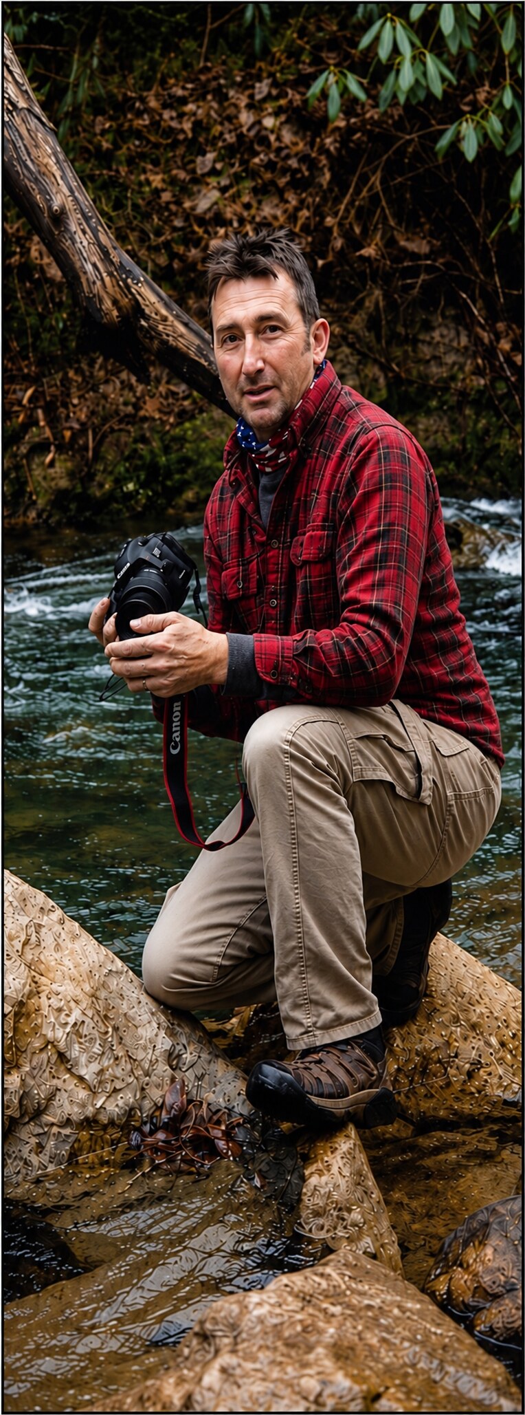 Dan Horton in a red plaid shirt beside the New River holding a camera
